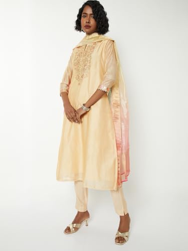 Max Women Embroidered A-line Kurta Set(Beige_S)