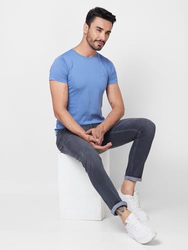 Giordano Mens Mid Rise Stretchable Solid Button Closure Clean Look Cotton 5 Pockets Slim Fit Jeans Grey