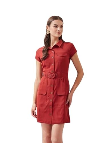 Latin Quarters Women's Rust Short Sleeves Collared Solid Casual Mini Dress_L