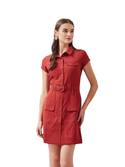 Latin Quarters Women's Rust Short Sleeves Collared Solid Casual Mini Dress_M
