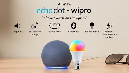 Amazon Echo Dot (5th Gen, Blue) Combo with Wipro 12W LED Smart Color Bulb