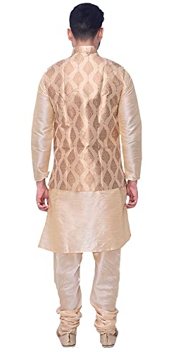 Om Shubh Mangalam Men's Wedding Jacquard Silk Golden Kurta Pajama Golden Jacket