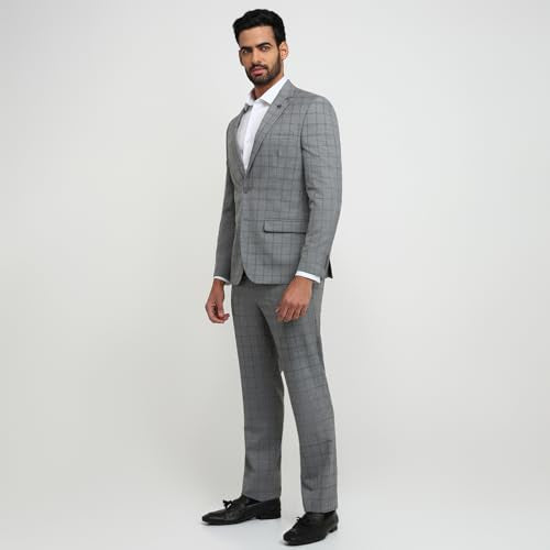 Park Avenue Men Slim Fit Solid Pattern Poly Viscose Wool Lycra Blend Notch Lapel Full Sleeve Formal Suit Grey
