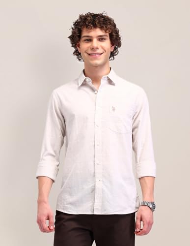 U.S. POLO ASSN. Dobby Striped Tailored Fit Shirt (USSHT2290_Beige_46)