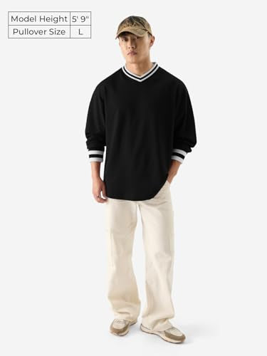The Souled Store Solids: Black Men and Boys V-Neck Full Sleeve Oversized Fit T-Shirts Oversized Men's T-Shirts Solid Basic Tees Casual Fashion Relaxed Fit Full Sleeves Round Neck Block Styles Trendy
