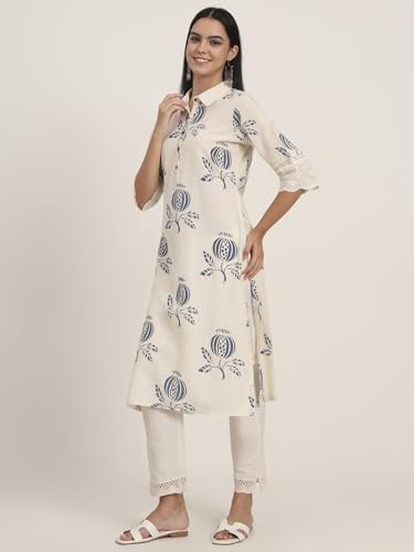 Divena Off White Floral Cotton A-Line Kurta (DBK1456)