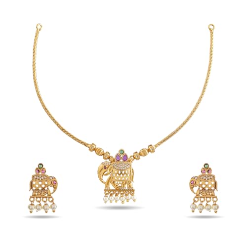 ZYRA JEWELS Elephant Design Traditional Necklace Set with Earrings for Women and Girls – Pearl Drop, Antique Finish, Temple Jewellery set