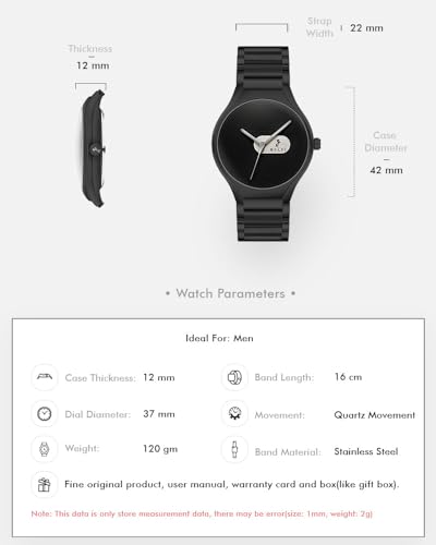 Sylvi Analog Watch for Men - Elegare Black Dial Stainless Steel Strap Wrist Watch with 3D Curved Dial, 30m (3 ATM) Water Resistant, Japanese Quartz Movement, Gift for Him
