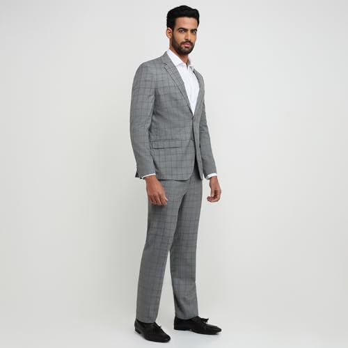 Park Avenue Men Slim Fit Solid Pattern Poly Viscose Wool Lycra Blend Notch Lapel Full Sleeve Formal Suit Grey