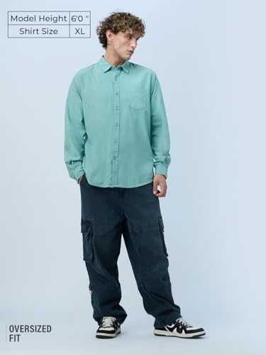The Souled Store Essential Line: Supima Shirt Men and Boys Full Sleeves Semi-Spread Collar Solid Cotton Regular Fit Lightweight Comfortable All-Season Supima Shirts Turquoise