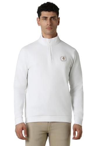 Van Heusen Men White Solid Stylized Neck Sweatshirt