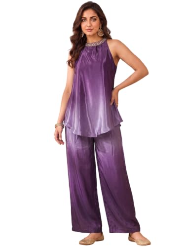 Varanga Women Purple A Line Kurta Set Sleeveless Mirror Work