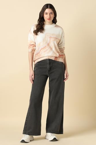 Women Beige Print Round Neck Casual Sweater