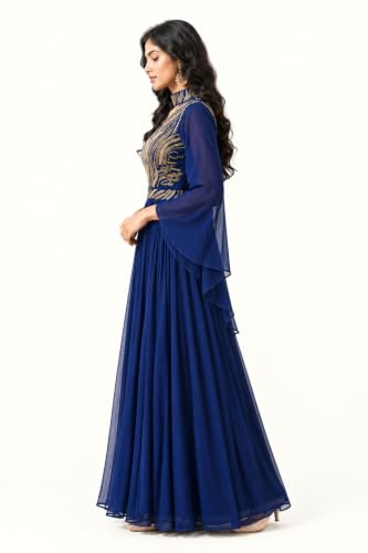 Navy Blue Embroidered Anarkali Gown with Gold Sequin Work