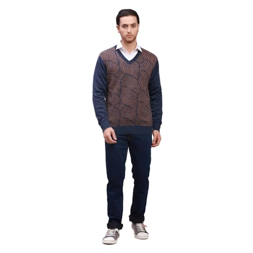 Colorplus Men's Tailored Fit Wool Blend Full Sleeve V Neck Jacquard Pattern Dark Blue Casual Sweater (Size: M)-CMWA03205-B6