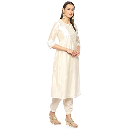 BIBA WOMEN EMBROIDERY NARROW SALWAR KURTA DUPATTA(SKDCHIKANKA8597_IVORY_42)