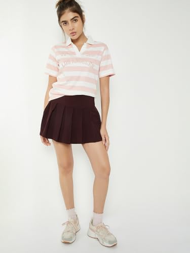 Max Women Striped Johnny Collar Sports T-Shirt (Pink_S)
