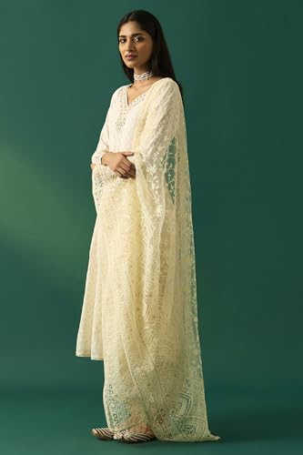 Wishful Women's Off-White Embroidered Anarkali Cotton Blend Kurta with Straight Pants and Dupatta Set - (SP12572-314255-L)