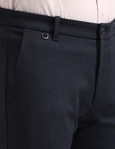 Arrow New York Men's Blue Self-Design Mid Rise Polyester Button Slim Fit Flat Front Slant Pocket Trousers (ANAITR2272_Blue_40)