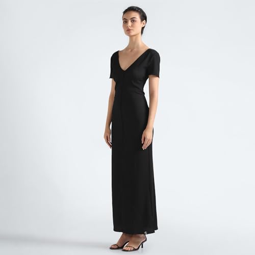 Calvin Klein Polyester Black Solid V Neck Short Sleeves Women Crinkle Maxi Dress (XS)