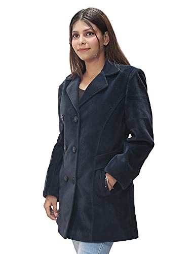 HAUTEMODA Womens Woollen Mid-Thigh Double Breast Coat/Blazer For Winter Navy,Large