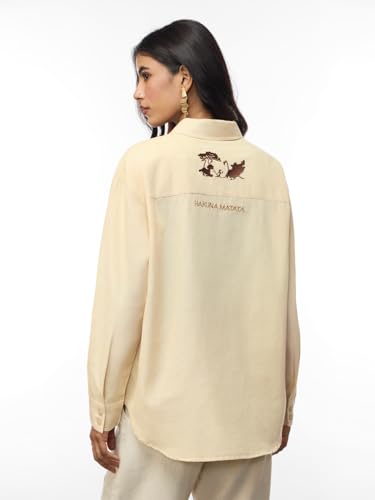 The Souled Store Lion King: Elements Women and Girls Full Sleeves Spread Collar Embroidered Cotton Oversized Fit Lightweight Comfortable All-Season Boyfriend Shirt for Casual Streetwear