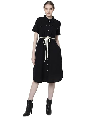 VERO MODA Women's Cotton Shirt Knee-Length Dress (9008843- Black