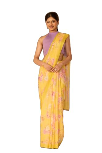 Taneira Light Yellow Printed Viscose Crepe SareeWith Unstitched Blouse(SAPP01AD4784-Light Yellow)