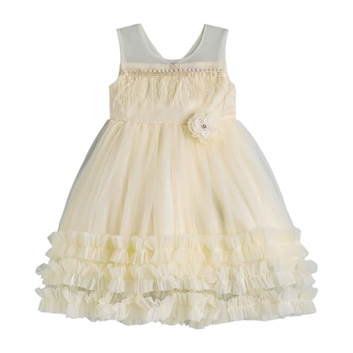 Hopscotch Girls Sleeveless Beige Floral AppliqueTieRuffle Dress (3-4 Years)