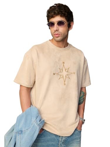 The Souled Store Compass Men and Boys Short Sleeves Round Neck Beige Embroidered Casual Lightweight Drop Shoulder Streetwear Trendy Oversized T-Shirts