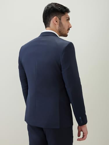 Raymond Men Contemporary Fit Solid Pattern Poly Viscose Blend Notch Lapel Full Sleeve Formal Suit Blue