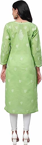 Ada Indian Hand Embroidered Chikankari Straight Cotton Kurta Kurti Tunic for Women A208470, Green, Medium