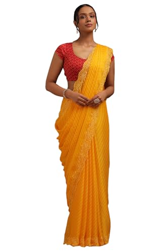 Soch Womens Yellow Georgette Leheriya Print Saree With Thread Work