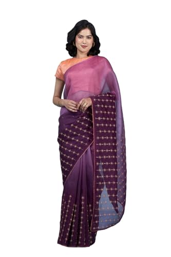 Taneira Women Violet Pure Silk Organza Embroidered Saree with Unstitched Blouse Piece (SPH08H00101-Violet)