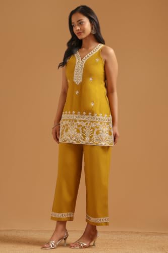 Soch Womens Mustard Cotton Embroidered Botanical Sequence Work Kurta Set