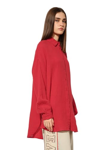 ONLY Women's Solid Oversized Red Shirt