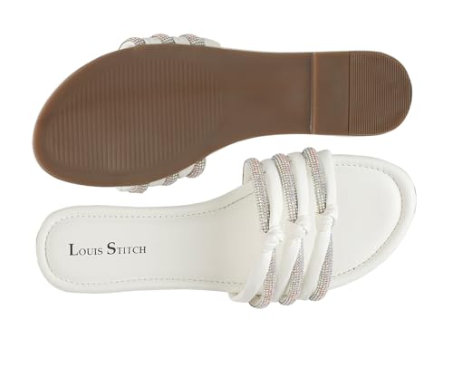 LOUIS STITCH Women's Fashion Flat Slip On Sandals | Open Toe White Stylish Flat Sandal for Ladies, Comfortable All Day Wear Slipper | LSOF-LDSL-GLTSWH | UK-5