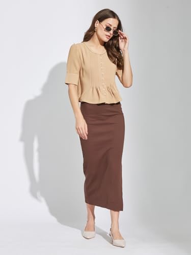 Latin Quarters Women Beige Round Neck Half Sleeves Solid Top Blouse for Casual Wear_M