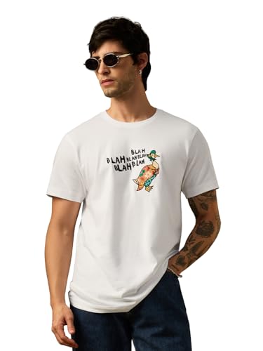 The Souled Store Casual Classics: Blah Men and Boys Short Sleeve Round Neck White Embroidered Duck Graphic Lightweight Streetwear Trendy Relaxed Fit Casual T-Shirts