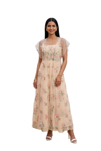 Wishful Women’s Beige Embroidered Organza A-line Dress - (SP13781-401403-M)