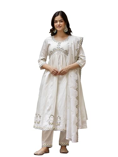 TRENDMALLS Women's Chanderi Silk Embroidery Salwar Suit Set Kurta Pant with Dupatta (G274-OffWhite-S-)