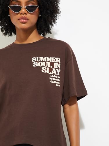 Max URB_N Women Printed Boxy Fit T-Shirt (Brown_L)
