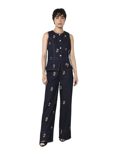 ONLY Women's Embroidered Regular Fit Blue Waistcoat