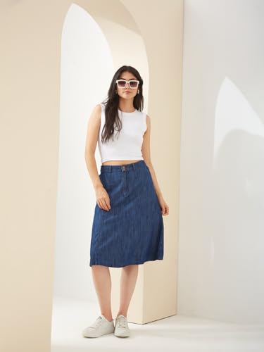 Latin Quarters Women Blue Denim Knee Length A-line Solid Casual Skirt_L