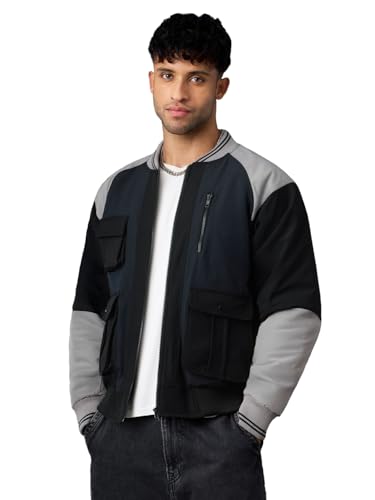 The Souled Store Midnight Edge: Men and Boys Full Sleeves Spread Collar Black and Grey Solid Polyester Regular Fit Lightweight Utility Pockets Bomber Jacket