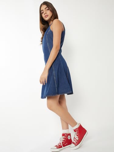 Max Women Solid A-line Dress(Blue_XXL)
