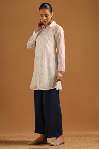 Soch Womens Off White Chanderi Floral Tunic with Thread Work