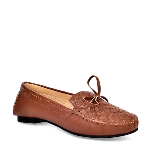 eske Women's Woven Leather Moccasins | Soft Genuine Cosmos Leather | Cushioned Insole | Slip-On Comfort Shoes | Lightweight Flat Driving Loafers (Summer Cognac, UK Footwear Size System, Adult, Women, Numeric, Medium, 3)