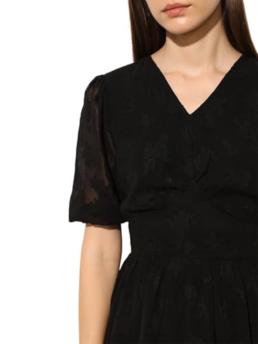 ONLY Women's Self Design Fit and Flare Black Dress