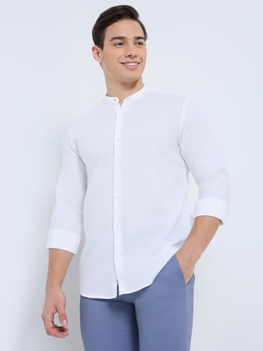 Raymond Men Regular Fit Chambray Pattern Cotton Linen Blend Mandarin Collar Full Sleeve Casual Shirt (Size: 39)-RCSM01923-W0